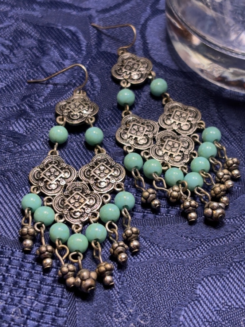Bohemian Silver-Tone Turquoise Bead Chandelier Earrings
